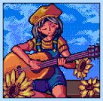  1990s_(style) 1girl acoustic_guitar bench black_hair blue_overalls blue_sky cloud cloudy_sky comfy day flower guitar holding holding_instrument horizon instrument lilian_duleroux lowres original outdoors overalls pixel_art retro_artstyle scenery shirt short_hair sky smile solo sunflower yellow_shirt 