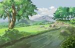  bush cloud cloudy_sky grass grasslands grey_sky hedge highres mountain no_humans original painting_(medium) plant river riverbank rock sky traditional_media tree waribashi37 