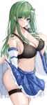  1girl 7saki blue_eyes blush bra breasts cleavage clothes_lift collarbone detached_sleeves frog_hair_ornament green_eyes green_hair hair_ornament hair_tubes highres kochiya_sanae lace-trimmed_bra lace_trim large_breasts long_hair looking_at_viewer navel skirt skirt_lift smile solo thighs touhou underwear white_background 