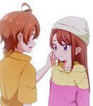  1boy 1girl aged_down ahoge arms_at_sides ayame_iro_(toumei_dolce) beanie blush brown_hair closed_mouth collarbone collared_shirt dot_nose eye_contact from_side grey_headwear hair_between_eyes hat highres hijiri_ageha hirogaru_sky!_precure hood hood_down hoodie long_hair long_sleeves looking_at_another nose_blush open_mouth orange_hair orange_shirt parted_bangs pink_hoodie precure rubbing_eyes shirt short_hair short_sleeves sidelocks simple_background sweatdrop tearing_up two-tone_hoodie upper_body wavy_mouth white_background yellow_hoodie yuunagi_tsubasa 