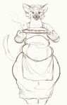  2021 anthro apron baked belly bottomwear cettus clothed clothing domestic_cat felid feline felis female food front_view gloves hair handwear holding_tray mammal mittens overweight overweight_anthro overweight_female sketch skirt solo standing steam tray wide_hips 