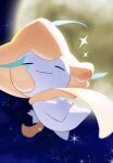  blurry blurry_background closed_eyes closed_mouth commentary_request highres jirachi moon night no_humans nobu_(rghw3527) outdoors pokemon pokemon_(creature) sky smile solo sparkle 