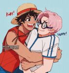  2boys black_eyes black_hair blue_eyes coby_(one_piece) glasses hat lightningstrikes male_focus monkey_d._luffy multiple_boys one_piece one_piece_(live_action) open_mouth pink_hair red_shirt scar scar_on_face shirt short_hair sleeveless smile straw_hat teeth white_shirt 