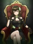  1girl absurdres armchair black_dress black_gloves brown_eyes brown_hair chair commentary_request criss-cross_halter crossed_legs dress expressionless feet_out_of_frame flower girls&#039;_frontline gloves green_hair hair_flower hair_ornament halterneck highres llaos long_hair looking_at_viewer m4a1_(girls&#039;_frontline) multicolored_hair on_chair sitting solo straight-on streaked_hair 