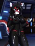  android anthro ara_(fluff-kevlar) blush blush_lines cybernetics cyborg detailed_background felid feline female fur happy hi_res looking_away machine mammal red_body red_fur robot smile solo unknown_artist white_body white_fur 