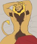  anthro armpit_hair bed bed_sheet bedding biceps blonde_hair body_hair brown_hair catty_menace chest_hair ear_piercing felid fur furniture grin hair hairy hand_on_head hands_behind_head hi_res lion male mammal mane manly multicolored_body multicolored_fur muscular navel nipples on_bed pantherine pecs piercing pubes reclining smile solo triceps two_tone_body two_tone_fur under_covers usurpthem waking_up 