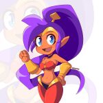  absurd_res blue_eyes breasts brown_body brown_skin cleavage clothed clothing efextex female genie hair hi_res humanoid humanoid_pointy_ears long_hair navel not_furry open_mouth open_smile ponytail purple_hair shantae shantae_(series) signature simple_background smile solo wayforward white_background 