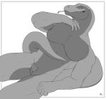  2021 anthro bodily_fluids clawed_fingers forked_tongue genital_fluids komodo_dragon lizard looking_at_viewer male monitor_lizard monochrome multicolored_body nude precum reptile scalie signature simple_background slit solo tail tongue tongue_out two_tone_body white_background yagaru 