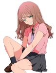  1girl black_skirt bracelet brown_footwear green_eyes gridman_universe gridman_universe_(film) hand_on_own_knee jewelry knee_up light_brown_hair loafers long_hair looking_at_viewer minami_yume necktie parted_lips pink_shirt purple_necktie scar scar_on_leg shirop_imas shirt shoes short_sleeves simple_background sitting skirt smile solo ssss.dynazenon ssss.gridman white_background 