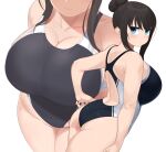  1girl ass black_hair black_one-piece_swimsuit blue_eyes blush breast_focus breasts cleavage close-up competition_swimsuit hair_bun highres huge_breasts iwami_sayaka looking_at_viewer multiple_views omizu_(h2o) one-piece_swimsuit original sidelocks simple_background single_hair_bun standing swimsuit white_background 