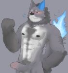  abs anthro barazoku blue_eyes blue_fire blush canid canine canis colored_fire doodle_world erection fire genitals hand_on_hip hi_res icerary male mammal nipples pecs pubes roblox solo tufflaze watermark wolf 