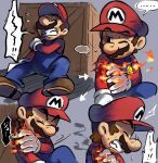  ... 1boy blue_overalls boots brown_footwear brown_hair burning clenched_teeth closed_eyes crate facial_hair fire gloves hand_on_own_shoulder hat highres mari_luijiroh mario mario_&amp;_luigi_rpg mario_(series) masanori_sato_(style) multiple_views mustache one_eye_closed overalls pain red_headwear short_hair sitting speech_bubble teeth white_gloves 