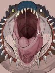  absurd_res anthro blind_eye bodily_fluids crocodilian front_view glistening glistening_eyes green_eyes grey_body hi_res imperatorcaesar looking_at_viewer male mouth_shot open_mouth pink_tongue pupils reptile saliva saliva_string scalie slit_pupils solo tan_body teeth tongue tongue_out 