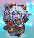  1girl black_gloves earrings fingerless_gloves full_body gloves gradient_background hair_between_eyes jewelry league_of_legends light_blush looking_at_viewer navel one_eye_closed open_mouth phantom_ix_row pointy_ears short_hair simple_background smile solo standing stomach tristana white_hair yellow_eyes yordle 