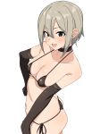  1girl absurdres bikini black_bikini black_choker black_eyes black_gloves blush breasts character_request check_character choker cleavage collarbone ear_piercing elbow_gloves gloves grey_hair highres idolmaster idolmaster_cinderella_girls large_breasts looking_at_viewer micro_bikini open_mouth piercing seihekiog shiomi_syuko short_hair side-tie_bikini_bottom simple_background smile solo swimsuit underboob white_background 