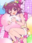  1girl akagi_miria amezawa_koma ankle_scrunchie bare_shoulders barefoot blush brown_eyes brown_hair crop_top hair_bobbles hair_ornament happy_birthday highres idolmaster idolmaster_cinderella_girls knees_up object_hug one_eye_closed open_mouth pillow pillow_hug scrunchie short_hair shorts smile solo star_(symbol) two_side_up wrist_scrunchie 