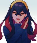  1girl :d black_hair blue_jacket carmine_(pokemon) crossed_bangs gloves hair_between_eyes jacket long_hair long_sleeves looking_at_viewer mole mole_under_eye multicolored_hair nm_ngi open_mouth own_hands_together pokemon pokemon_(game) pokemon_sv red_gloves red_hair single_glove smile solo teeth two-tone_hair upper_body upper_teeth_only white_background yellow_eyes yellow_headwear 