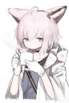  1girl absurdres ahoge animal_ears arknights black_choker blue_eyes choker closed_mouth coat commentary_request cup fox_ears gloves grey_hair grey_jacket hands_up highres holding holding_cup hood hood_down ic_(iccccccccc81) jacket looking_at_viewer mug open_clothes open_coat short_hair simple_background solo steam strap sussurro_(arknights) upper_body white_background white_coat white_gloves 