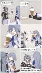  2girls 6koma absurdres arsum0731 asymmetrical_clothes black_gloves blue_eyes chinese_clothes closed_mouth fingerless_gloves food fu_hua fu_hua_(azure_empyrea) fu_hua_(herrscher_of_sentience) fu_hua_(taixuan_impression) gloves grey_hair hair_between_eyes highres honkai_(series) honkai_impact_3rd ice_cream_cone jewelry jingwei_(bird) multiple_girls official_alternate_costume open_mouth red_eyes single_bare_shoulder smile speech_bubble standing translation_request upper_body 
