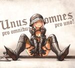  1girl armor armored_boots ass blonde_hair boots breasts cleavage full_body gauntlets gradient_background grin helmet highres ironlily latin_text medium_breasts medium_hair original shoulder_plates sitting smile solo spread_legs teeth translation_request weapon 