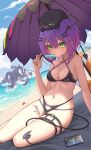  3girls beach beach_umbrella bibi_(tokoyami_towa) bikini black_bikini cellphone demon_tail ear_piercing fingernails food food_in_mouth gawr_gura green_eyes highres hololive innertube leg_tattoo multiple_girls navel navel_piercing ninomae_ina&#039;nis ocean on_head phone piercing pointy_ears popsicle purple_hair shark smartphone sweat swimsuit tail tattoo tentacles thigh_strap tokoyami_towa umbrella virtual_youtuber z.m._(zimin) 