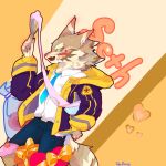  2023 anthro blush brown_body brown_fur canid canine canis clothing cooking food fur green_eyes hi_res jackal jacket lifewonders male mammal necktie seth_(tas) shirt solo tail tandong820 tokyo_afterschool_summoners topwear 