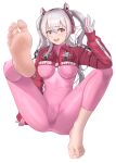  1girl absurdres alice_(nikke) barefoot bodysuit feet foot_focus ghhoward gloves goddess_of_victory:_nikke highres no_shoes open_mouth pink_bodysuit simple_background soles solo teeth toes upper_teeth_only white_background white_hair 
