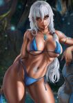  1girl armlet artist_name asymmetrical_hair atlantis:_the_lost_empire bare_shoulders bikini blue_bikini blue_eyes blurry blurry_background bodypaint breasts collarbone cowboy_shot crystal_necklace dandon_fuga dark-skinned_female dark_skin earrings facial_tattoo hair_between_eyes highres jewelry kidagakash large_breasts long_hair looking_at_viewer navel necklace rock side-tie_bikini_bottom single_earring solo swimsuit tattoo thick_thighs thighs tree white_hair 