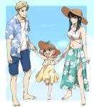  1boy 2girls absurdres anya_(spy_x_family) aqua_skirt barefoot bikini black_hair breasts dress floral_print green_eyes hat highres holding_hands large_breasts light_brown_hair multiple_girls navel open_clothes open_mouth open_shirt pink_hair red_eyes skirt smile spy_x_family summer sun_hat swimsuit tama_._kogifu twilight_(spy_x_family) twintails white_bikini yellow_dress yor_briar 