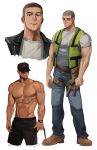  1boy abs absurdres bag bandaid bandaid_on_face bandaid_on_nose bara baseball_cap biceps black_hair black_headwear black_jacket black_shorts boots brk_603 brown_footwear buzz_cut cropped_legs cropped_shoulders denim facial_hair full_body hammer hat high-visibility_vest highres jacket jeans large_pectorals leather leather_jacket male_focus multiple_views muscular muscular_male open_clothes open_jacket original pants pectorals scar scar_on_cheek scar_on_face shirt short_hair shorts sideburns stubble tool_belt tools topless_male very_short_hair vest watch white_background white_shirt wristwatch 