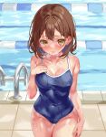  1girl absurdres blue_one-piece_swimsuit breasts brown_eyes brown_hair cleavage commission competition_school_swimsuit cowboy_shot heavy_breathing highres iwato_(celler) lane_line looking_at_viewer medium_breasts one-piece_swimsuit original pixiv_commission pool pool_ladder poolside school_swimsuit short_hair solo standing swimsuit wet wet_clothes wet_swimsuit 