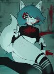  2023 anthro blood blood_on_face blue_hair bodily_fluids bottomless canid canine canis clothed clothing female fur gesture grey_hair hair hatsumiilkshake hi_res mammal multicolored_body multicolored_fur solo tera_(hatsumiilkshake) two_tone_body two_tone_fur v_sign white_body white_fur wolf 
