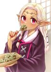  1girl blonde_hair dark-skinned_female dark_skin eating edomae_elf elf food highres holding holding_food long_hair minori_13101 nail_polish pink_eyes pointy_ears solo takoyaki yordeilla_lila_fenomenea 