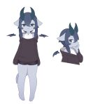  3_toes anthro bangs blue_body blue_eyes blue_hair blue_skin bottomwear clothing dragon eyebrows feet female flat_chested hair hi_res hoodie horn hotpants liteee shorts shoulderless_shirt small_wings smile smiling_at_viewer smirk smirking_at_viewer solo tail toes topwear vest white_eyebrows wings 