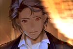  1boy absurdres blurry blurry_background brown_background chikage_(chi_g0) closed_mouth collarbone crying crying_with_eyes_open grey_hair highres jacket looking_at_viewer male_focus portrait red_eyes sad shirt shitara_seiji short_hair solo tears tears_from_one_eye tokimeki_memorial tokimeki_memorial_girl&#039;s_side_3rd_story white_shirt 