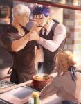  1girl 2boys apron archer_(fate) artoria_pendragon_(fate) black_necktie black_shirt black_vest blonde_hair blue_ribbon brown_apron collarbone collared_shirt cu_chulainn_(fate) drinking earrings english_commentary fate/stay_night fate_(series) food gravesecrets hair_bun hand_on_another&#039;s_arm hand_on_own_face hand_on_own_hip indoors jewelry kitchen leaning_on_table long_hair long_sleeves multiple_boys necktie open_mouth ponytail red_eyes ribbon saber shirt short_hair sleeves_rolled_up soup steam tan toned toned_male vest white_hair white_shirt yaoi 