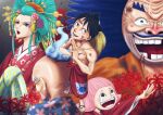  2girls 3boys afro aqua_hair black_hair blue_hair crying crying_with_eyes_open facial_hair flower goatee hair_flower hair_ornament hat hat_removed headwear_removed highres hyogoro japanese_clothes k2owo kouzuki_hiyori lipstick long_hair makeup monkey_d._luffy multiple_boys multiple_girls mustache one_piece open_mouth pink_hair shimotsuki_yasuie short_hair smile straw_hat tears toko_(one_piece) topless_male 
