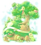  bulbasaur cherubi chikorita closed_eyes d-nezumi grass no_humans oddish open_mouth pokemon pokemon_(creature) pokemon_on_back simple_background torterra tree treecko turtwig 