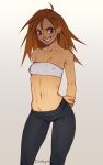  1girl absurdres arms_behind_back artist_name bandeau black_pants breasts brown_eyes dide6an grin hand_on_own_arm highres holding_own_arm long_hair looking_at_viewer navel orange_hair original pants small_breasts smile strapless tube_top 