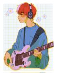  1boy bishounen black_eyes black_headphones blue_sweater boku_no_hero_academia floral_print guitar headphones heart_stickers highres holding holding_instrument instrument long_sleeves male_focus multicolored_hair red_hair solo split-color_hair sticker sweater todoroki_shouto white_background white_hair yuugiohz 