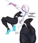  ... 1girl ? artist_name ass bodysuit breasts commentary dork_bum english_commentary english_text highres hood marvel mask multiple_views silk simple_background small_breasts spider-gwen spider-man:_into_the_spider-verse spider-man_(series) spider_web spider_web_print superhero watermark white_background 