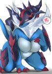  absurd_res anthro big_breasts blue_body blush bodily_fluids breasts claws dodekaminnhi female finger_claws hi_res hisuian_form hisuian_samurott horn looking_at_viewer nintendo nude pokemon pokemon_(species) red_eyes regional_form_(pokemon) simple_background solo sweat toe_claws 