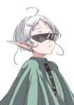  1girl :o absurdres ahoge cloak elf green_cloak highres looking_at_viewer mushoku_tensei open_mouth pointy_ears red_eyes short_hair simple_background solo sunglasses syagare sylphiette_(mushoku_tensei) upper_body white_background white_hair 