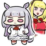  2girls :3 :d animal_ears blonde_hair blue_eyes blunt_bangs boots bow bowtie chibi closed_eyes cosplay costume_switch dress fingernails full_body gloves gold_ship_(umamusume) gold_ship_(umamusume)_(cosplay) hime_cut horse_ears horse_girl horse_tail jazz_jack lili_(tekken) lili_(tekken)_(cosplay) long_sleeves looking_at_viewer lowres multiple_girls open_mouth pillbox_hat purple_eyes purple_hair red_bow red_bowtie red_shirt shirt simple_background smile tail tekken tekken_6 umamusume white_background white_dress white_footwear white_gloves 
