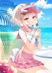  1girl animal_ears bare_arms bare_shoulders beach beach_chair blonde_hair brown_eyes commentary_request crop_top day fake_animal_ears food frilled_shirt frills highres holding ice_cream layered_skirt looking_at_viewer midriff miniskirt nanohana_kohina navel neckerchief original outdoors parted_lips pink_skirt sailor_collar shirt short_hair sitting skirt sleeveless sleeveless_shirt solo stomach visor_cap white_shirt 