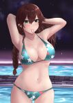  1girl absurdres aqua_bikini arms_behind_head bikini braid breasts brown_hair cleavage cowboy_shot green_eyes highres jouzaburou_(joe3) kantai_collection large_breasts mouth_hold night noshiro_(kancolle) pool rubber_band sky solo star_(sky) star_(symbol) star_print starry_sky swept_bangs swimsuit twin_braids 