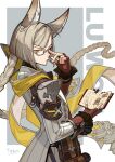 1boy adjusting_eyewear animal_ears asymmetrical_bangs asymmetrical_eyewear belt_pouch black_shirt blonde_hair blunt_ends bob_cut book border braid brown_gloves cape character_name closed_mouth coat cowboy_shot diagonal_bangs erune fingerless_gloves frilled_sleeves frills from_side glasses gloves granblue_fantasy grey_background heterochromatic_eyewear highres holding holding_book inverted_bob long_hair looking_at_viewer looking_to_the_side lu_woh_(granblue_fantasy) male_focus open_book outside_border pants pouch sennohajime shirt signature silver_trim single_braid sleeve_cuffs solo v-shaped_eyebrows very_long_hair white_border white_coat white_pants yellow_cape yellow_eyes 
