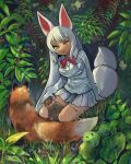  1girl animal animal_ears bow bowtie breast_pocket creature_and_personification day fang fox fox_cub fox_ears fox_girl fox_tail full_body fur-trimmed_sleeves fur_trim gloves highres igarashi_(nogiheta) jacket kemono_friends leg_ribbon long_hair long_sleeves looking_at_another miniskirt oinari-sama_(kemono_friends) outdoors parted_bangs parted_lips petting pocket red_bow red_bowtie ribbon sitting skirt smile tail tail_ornament tail_ring thigh_ribbon very_long_hair white_gloves white_hair white_jacket white_skirt yellow_eyes 
