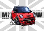  absurdres artist_name car drifting english_text highres license_plate mini_cooper motor_vehicle no_humans original oteki_shibatarou red_car smoke union_jack vehicle_focus vehicle_name 