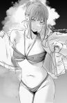  1girl alternate_hairstyle bikini breasts chainsaw_man cloud greyscale hair_bun highres hood hoodie looking_at_viewer makima_(chainsaw_man) midriff monochrome navel ringed_eyes sidelocks sky smile solo stomach swimsuit undressing water yode 